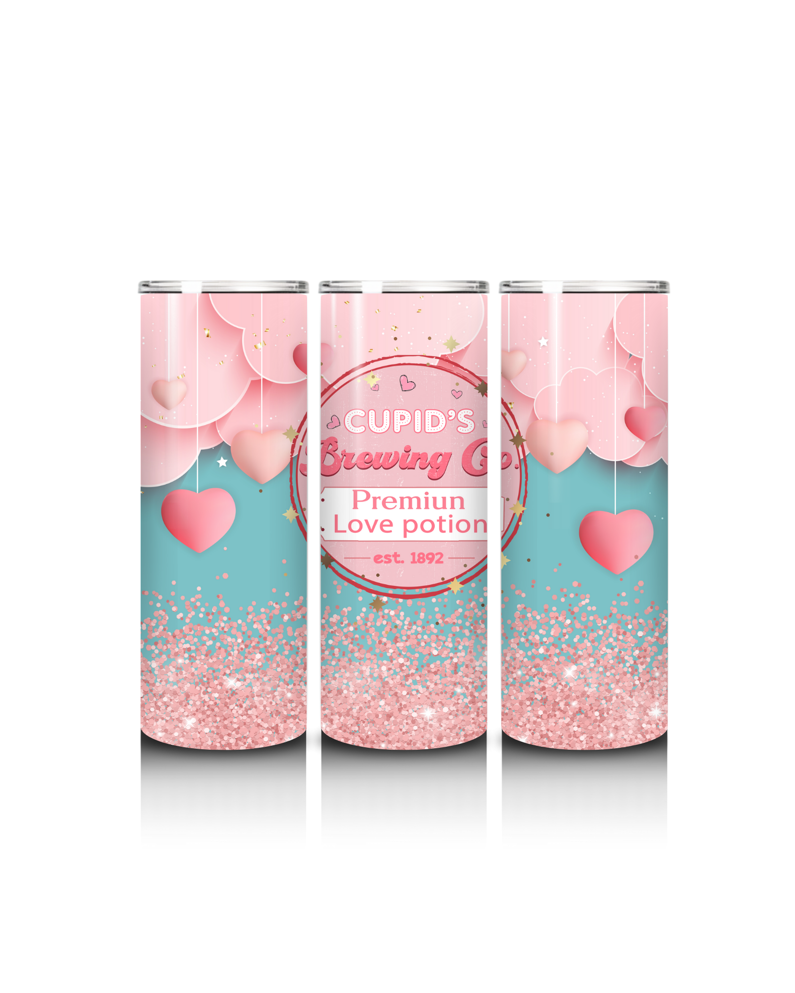 Valentine Tumbler 4 by kayteaapiecespot featuring a pink and red heart design with a silver lid and straw.